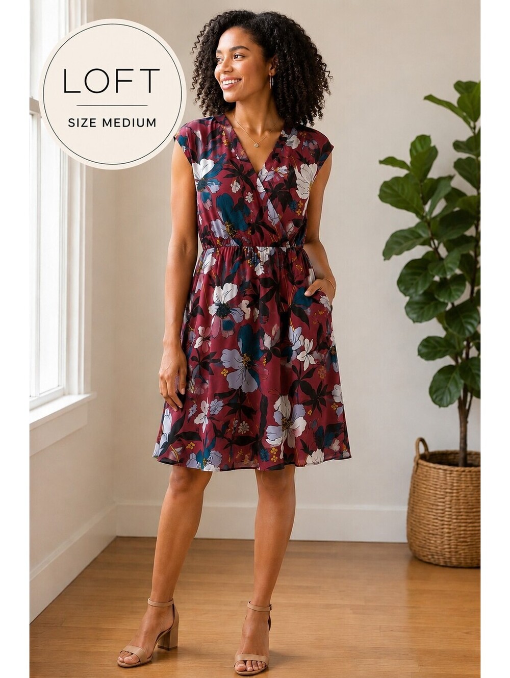 LOFT | M | Burgundy Floral Sleeveless Dress